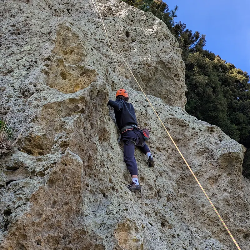 Young climber on a pocketed rock face